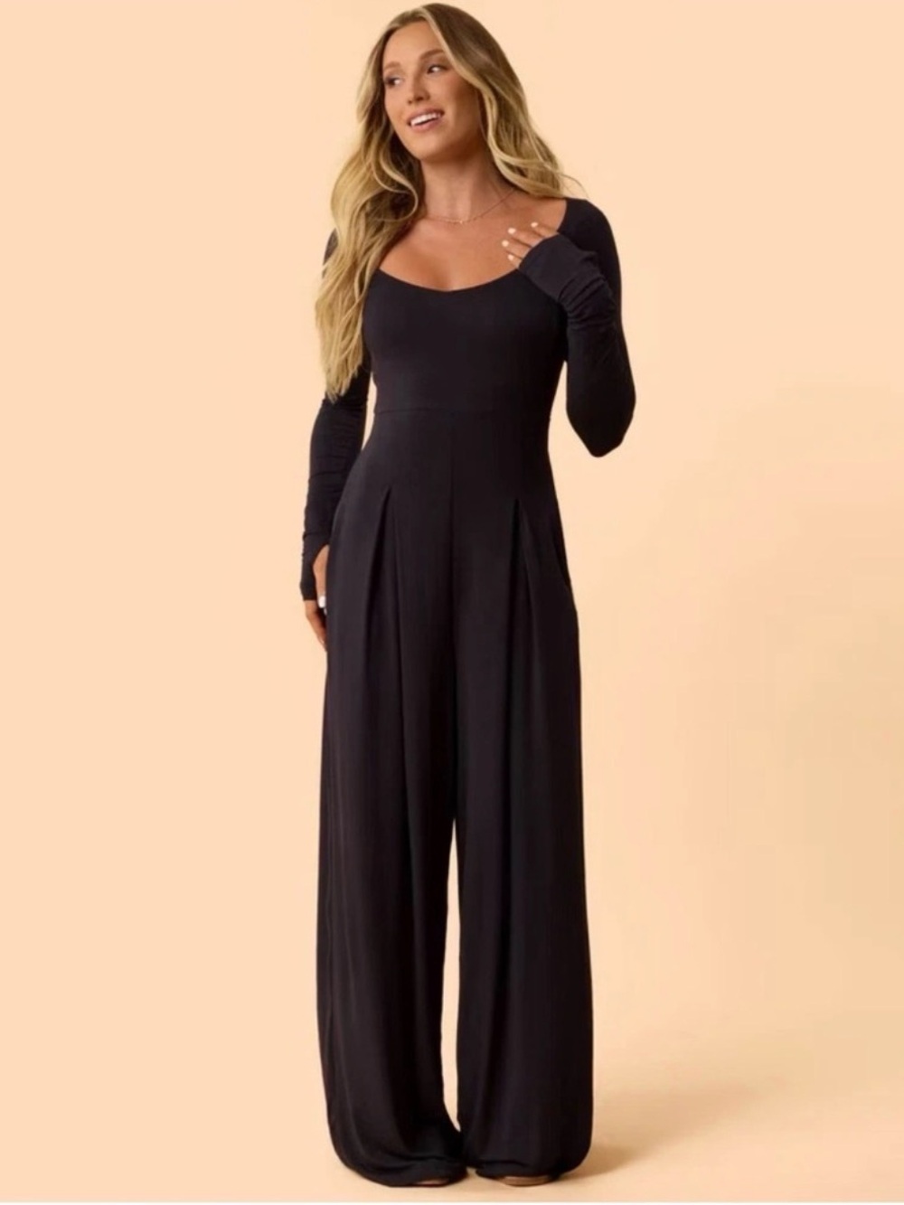Blogilates Long-Sleeve Black Wide-Leg Jumpsuit with pockets Sz Large